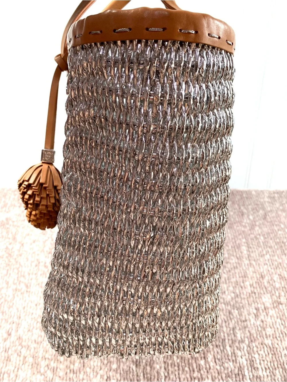 Tory Burch Woven Metallic Tote with Tan Leather Trim Beautiful NWOT